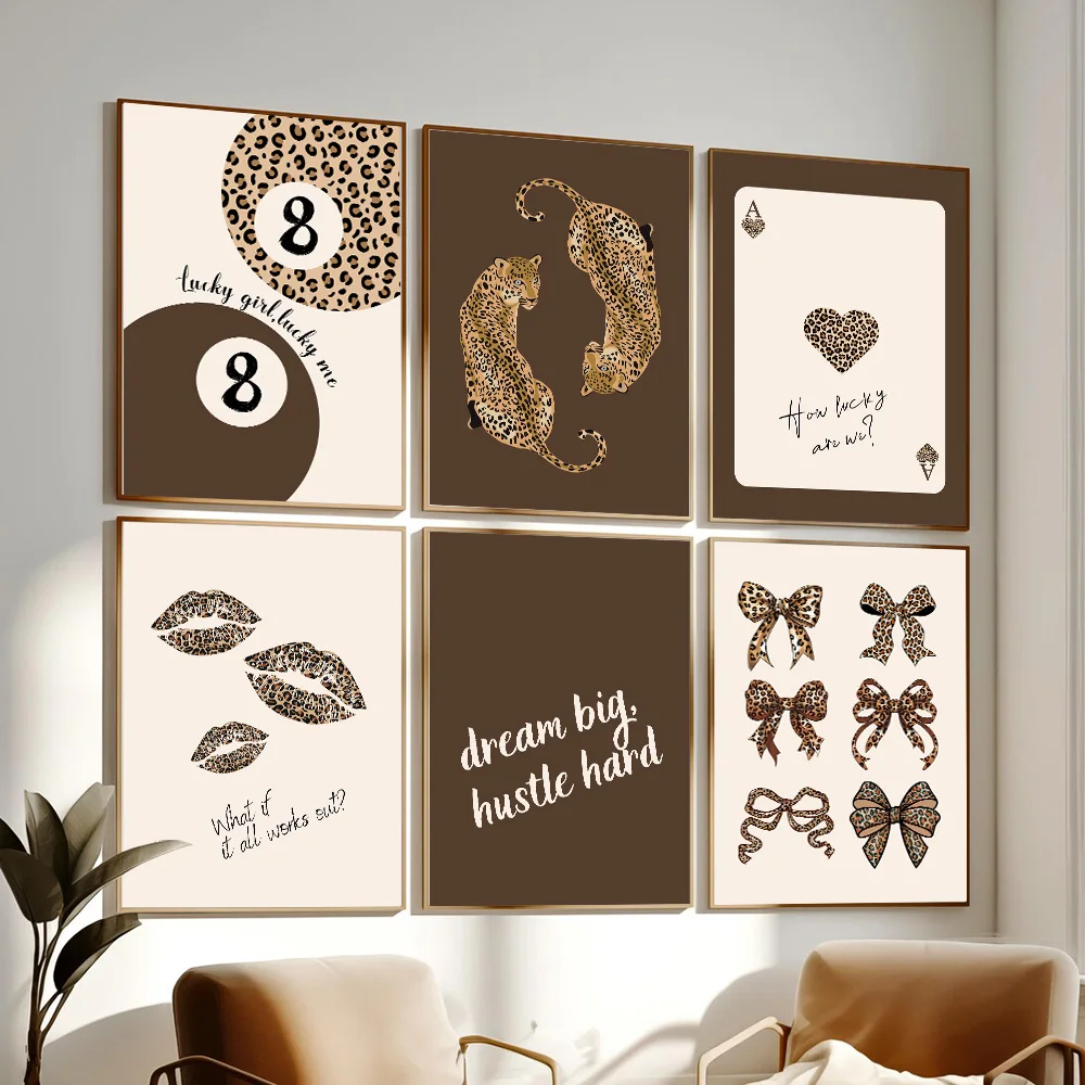 مجموعة من 6 أقواس ليوبارد الفهد البني غير المؤطرة لاكي 8 كرات ملصق فني عصري جمالي كوكيت جرلي غرفة الدوبامين ديكور الطلاء #1