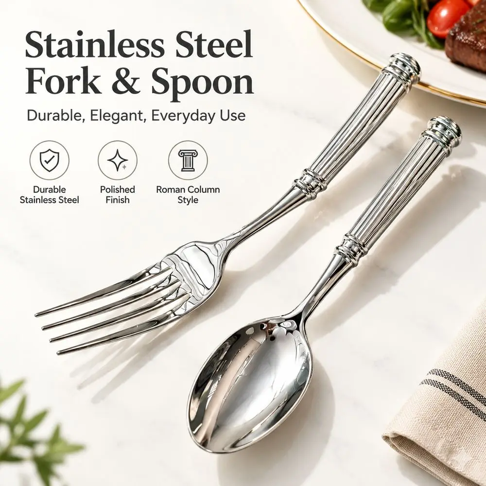 Stainless Steel Cutlery Flatware Set Roman Column Handle Thickened Dinner Spoon Silver Tone Mirror Polished Teaspoon