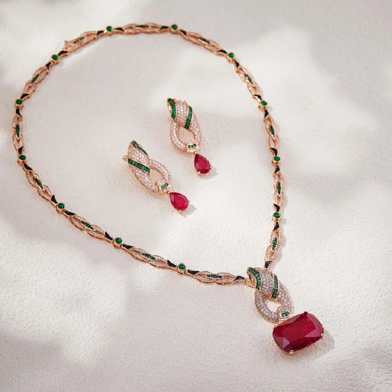 Europe America Style Necklace Earrings Women Lady Inlay Full Cubic Zircon Synthetic Ruby Pendant Snake Snakelike Jewelry Sets