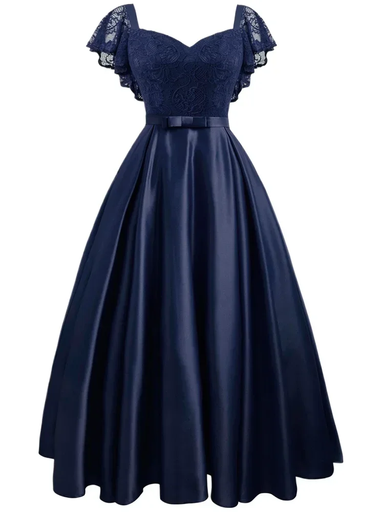 

Hepburn Summer Burgundy Party Dress Vintage Floral Lace Long Women's Short Sleeve Ruffle Elegant Casual Maxi Date Satin Vestidos