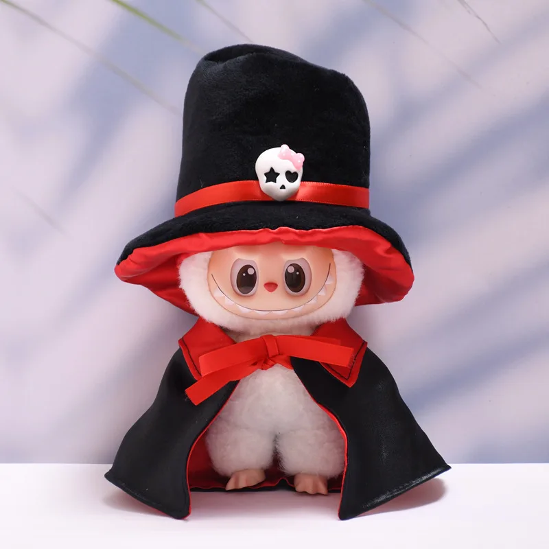Für Labubu Kleidung 17 cm Halloween Schädel Cape Hut Puppe Kleidung Mode Trend Dressing Zubehör Halloween Kürbis Set Kleidung