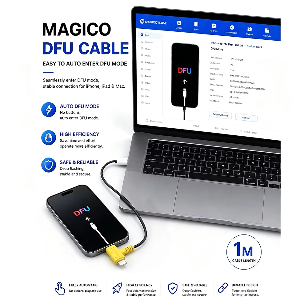 Magico Auto DFU Mode Cable 1M Length Stable Connection Seamless DFU Mode Entry for iPhone X-15 Series with Lightning Type C Port