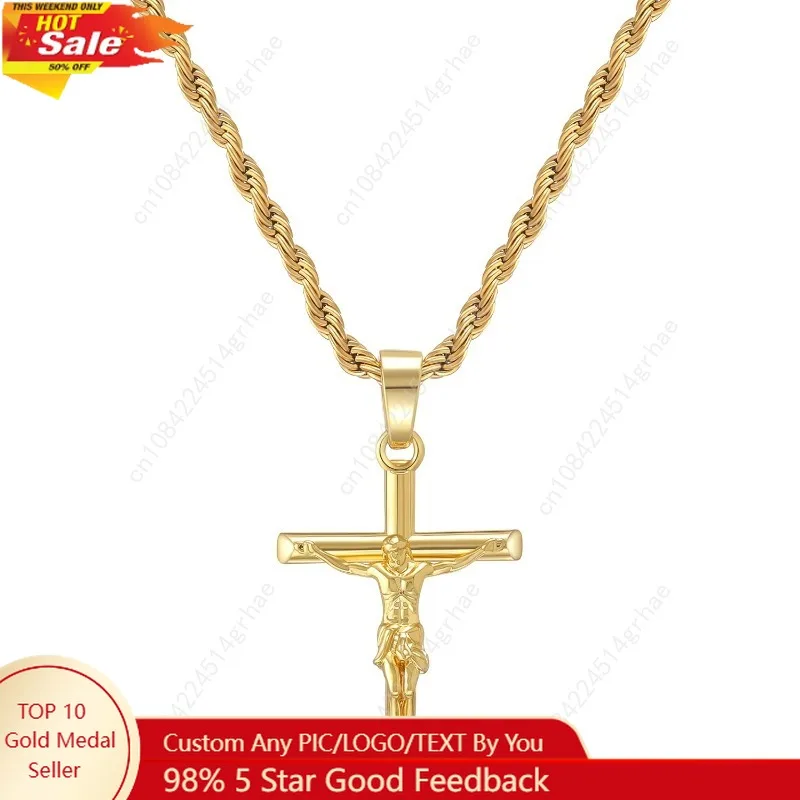 

Crucifix Cross Necklace 18K Gold Plated Cross Pendant with 3mm 22" Rope Chain for Men Women