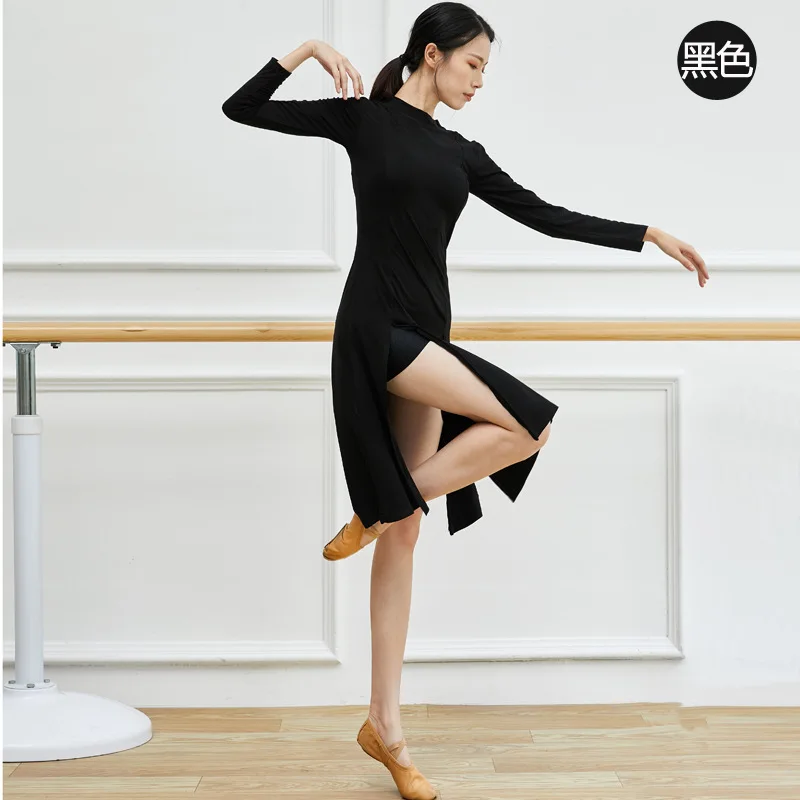 성인 연습복 라틴 댄스 드레스 섹시한 헴 슬릿 디자인 230g 두꺼운 모달 드레스