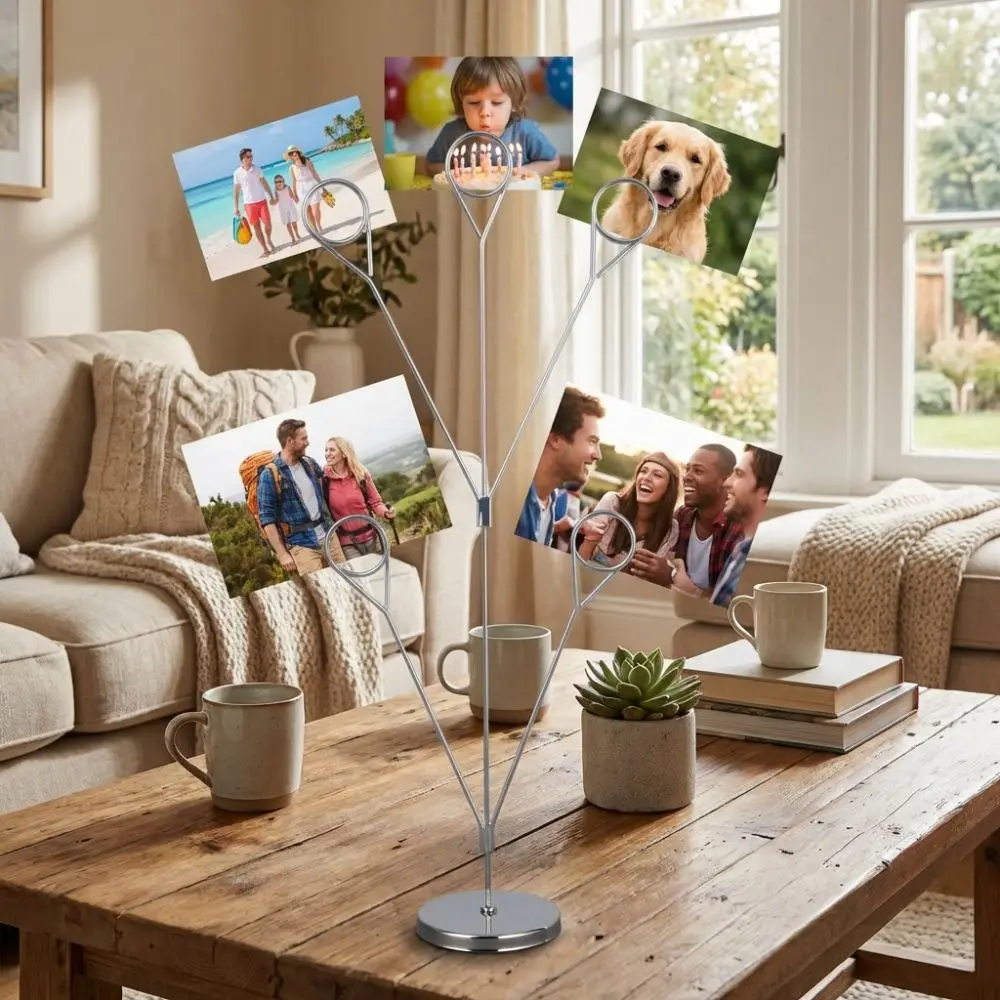 Desk Organizer 5-Branch Photo Holder Round Base Metal Memo Clip Stand Romantic Vertical Display Stand Valentine Day