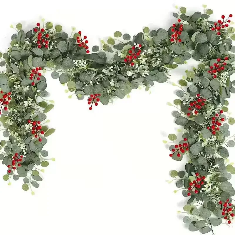 4 Stück/Set 180CM Künstliche Weihnachts-Eukalyptusranke mit roten Früchten, Heimdekoration, Party, Hochzeit, Tischdekoration, Eukalyptusblätter-Ranke – Detail 1
