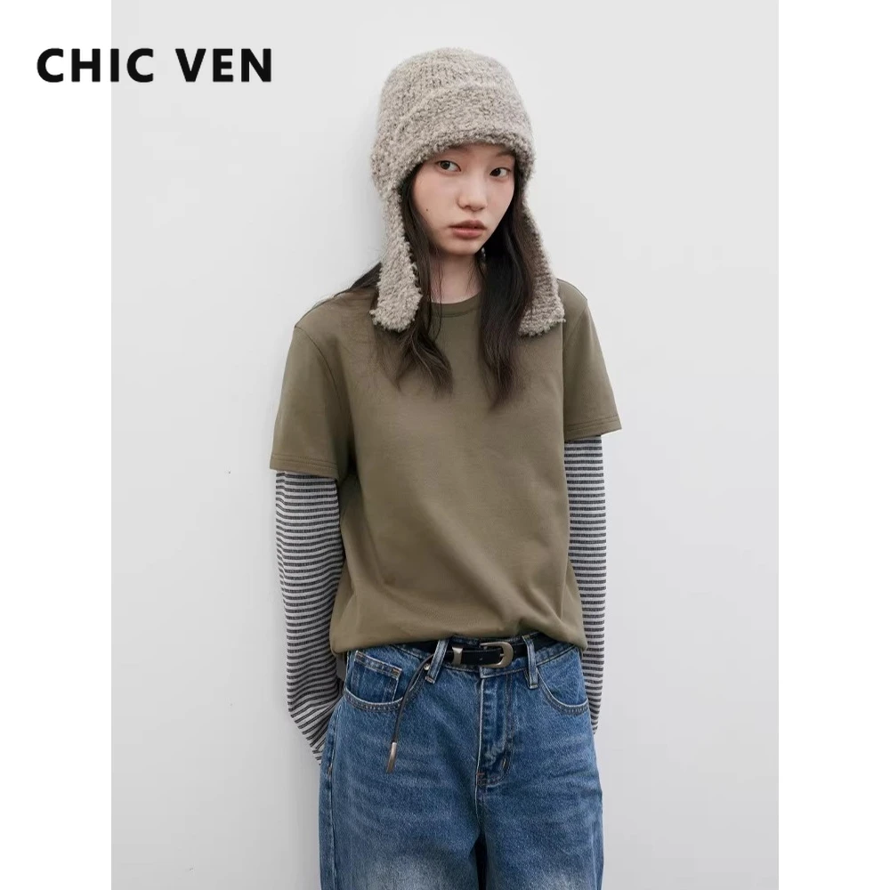 CHIC VEN New Women T-Shirts Loose Casual O Neck Contrasting Striped Long Sleeved Female Tees Pullover Autumn Winter 2025