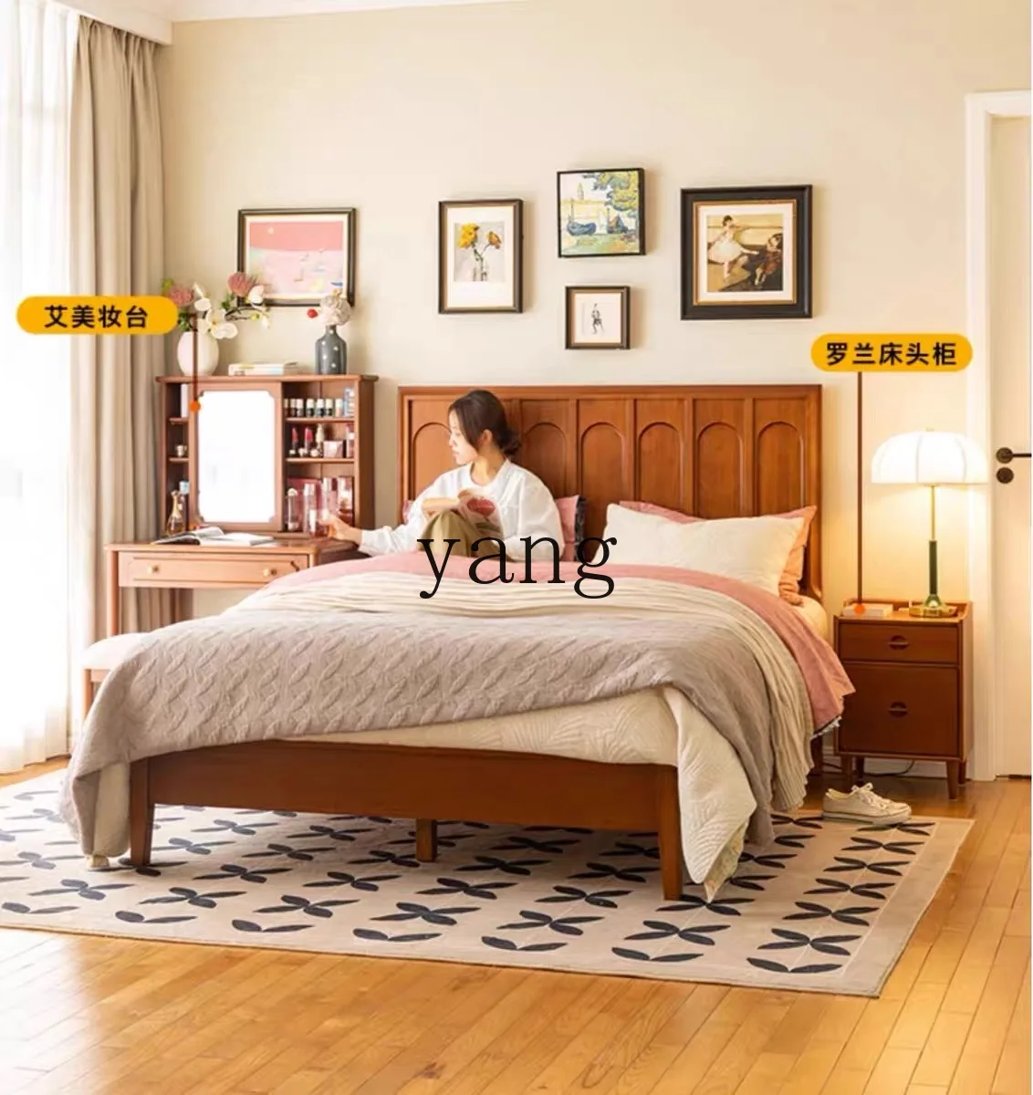 LTT solid wood bed French small apartment bedroom queen bed master bedroom retro double bed