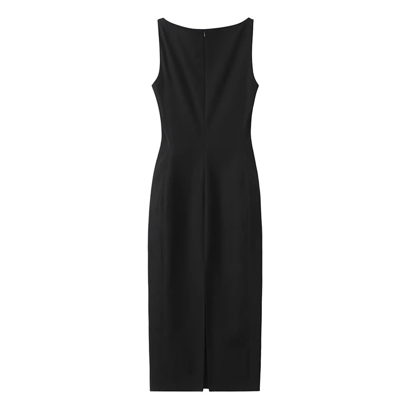 EllYANEllTIAN-Robe noire en fibre longue pour femme, élégante, fermeture éclair au dos, plissée, fendue au dos, col rond, nouvelle collection 2024