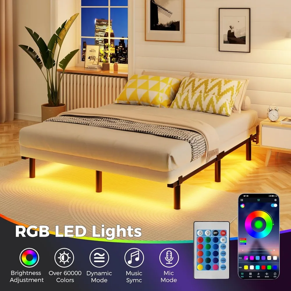 إطار سرير معدني بحجم كوين مع إضاءة LED، طراز أساسي 7 بوصة، دعم قوي 9 أرجل لربيع الصندوق والمرتبة، تشغيل هادئ