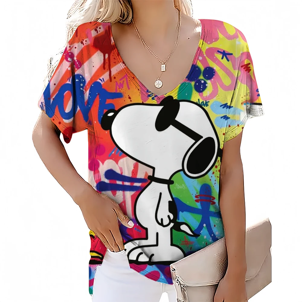 2024 Women's V-neck T-shirt Funny Snoopy cartoon print T-shirt Summer Leisure Women's Fashion Popular Short Sleeved T-shirt