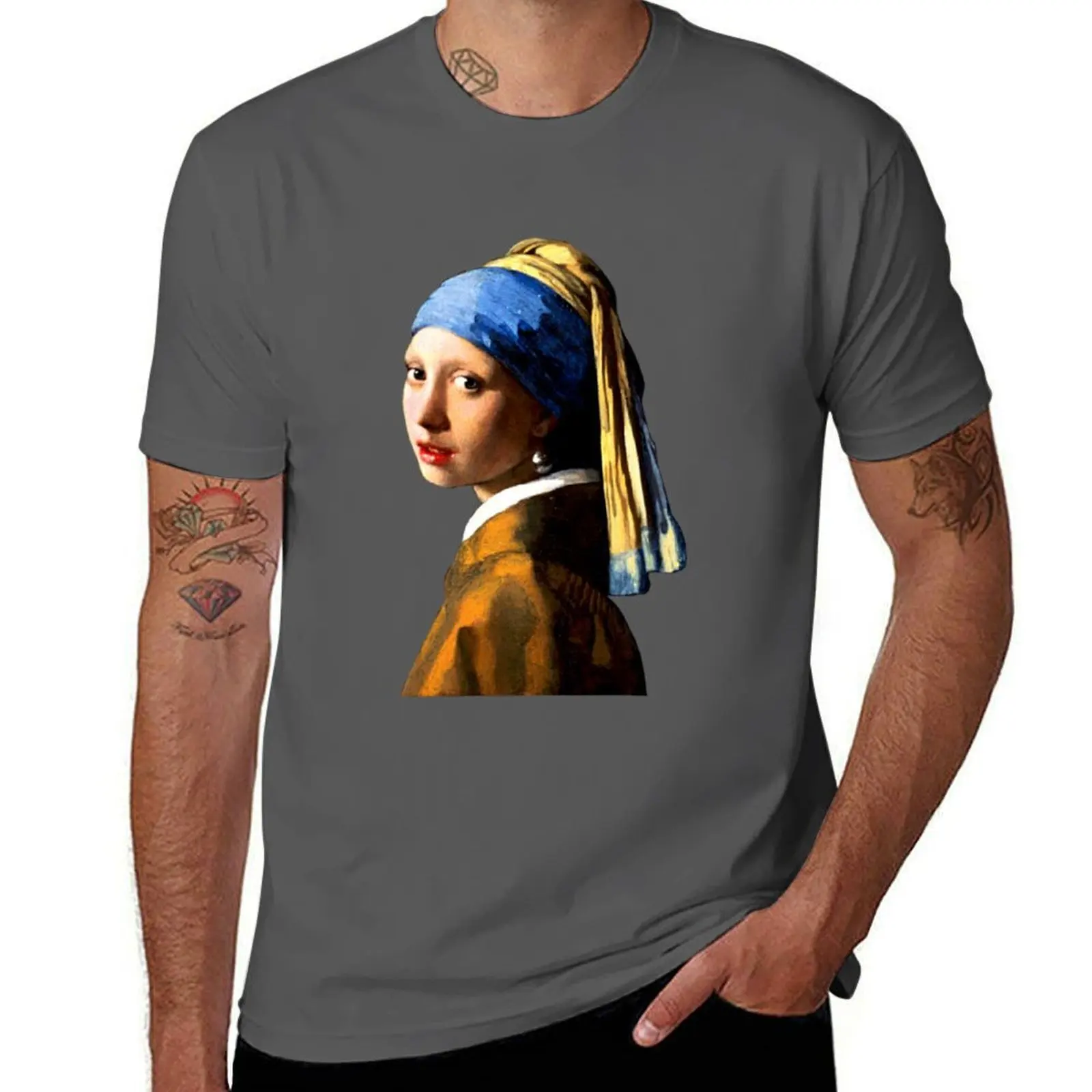 

Vintage Girl With A Pearl Ear Ring Art T-Shirt Relaxed Casual Short Sleeve Tee
