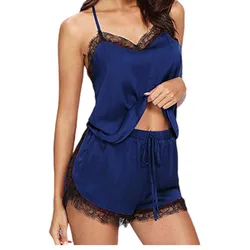 Conjuntos de pijama para mujer, ropa de dormir de 2 piezas, camisola, pantalones cortos, cuello en V, encaje, azul y gris
