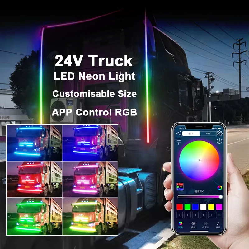 24V Truck LED Neon Light Customisable Size APP Control RGB Car Ambient light For Compartment Deflector Centre Mesh Warning Lamps