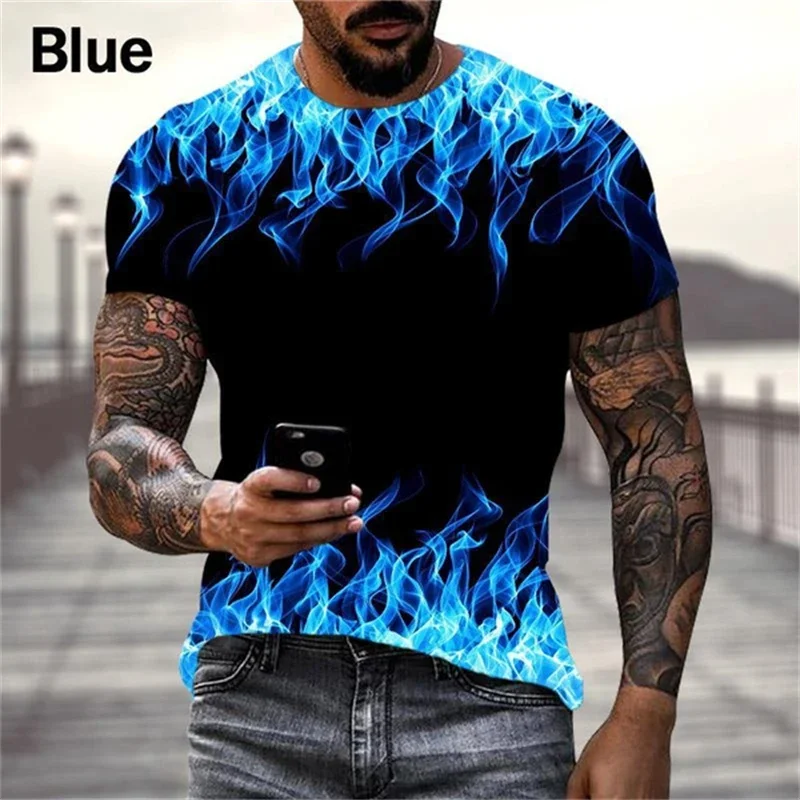 Trendy Streete Style Orange Fire Flame All Over Print Men T-shirt Hot Fire Pattern Streetwear Short Sleeve Top Cool Men Clothing