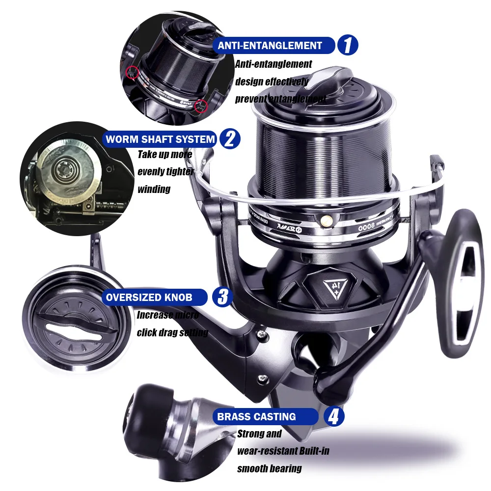 8000 Dual-Shaft Surf Spinning Reel 27kg Carbon Drag Slow Fall System Fly Fishing for Stream River Lake Metal Material Long Cast