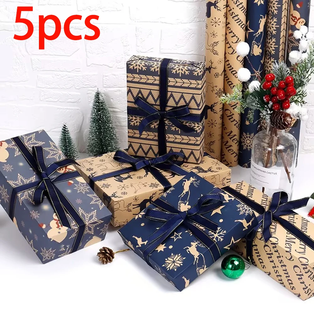 5pcs50*76cm Christmas Gift Wrapping Paper Elk Snowman Decorative Kraft Paper Origami Wrapping Paper Mixed Random