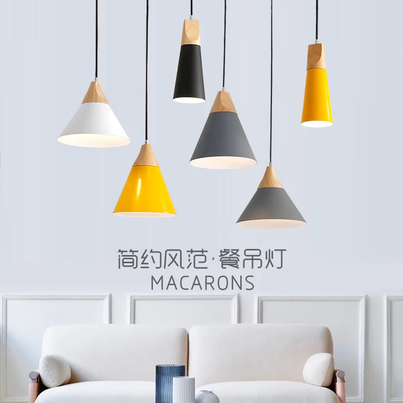 

Nordic personalized creative restaurant lamp solid wood three single head small chandelier modern simple Macaron bedside barlamp