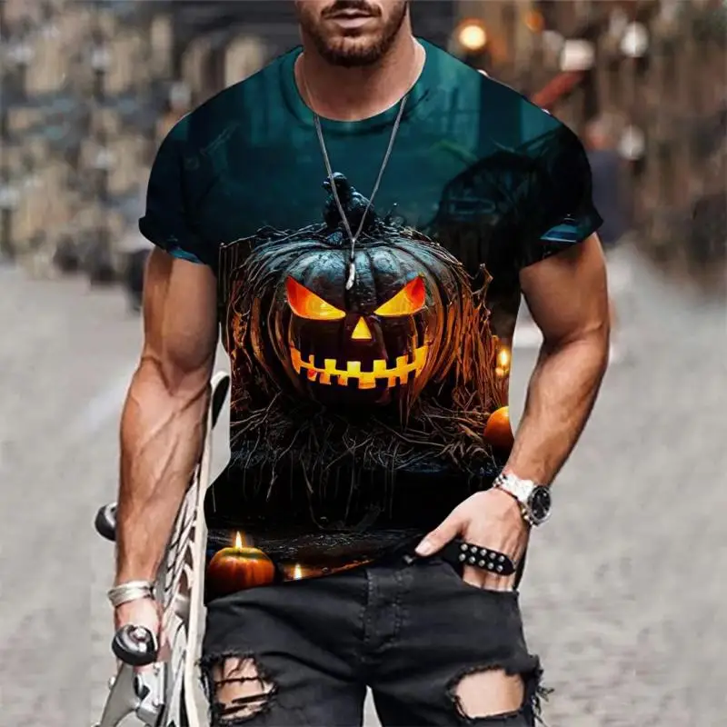 Men Halloween 3D Print Short Sleeve T‑Shirt Pumpkin Ghost Scarecrow Haunted House Graveyard Graphic O‑Neck Party Casual Tee Tops