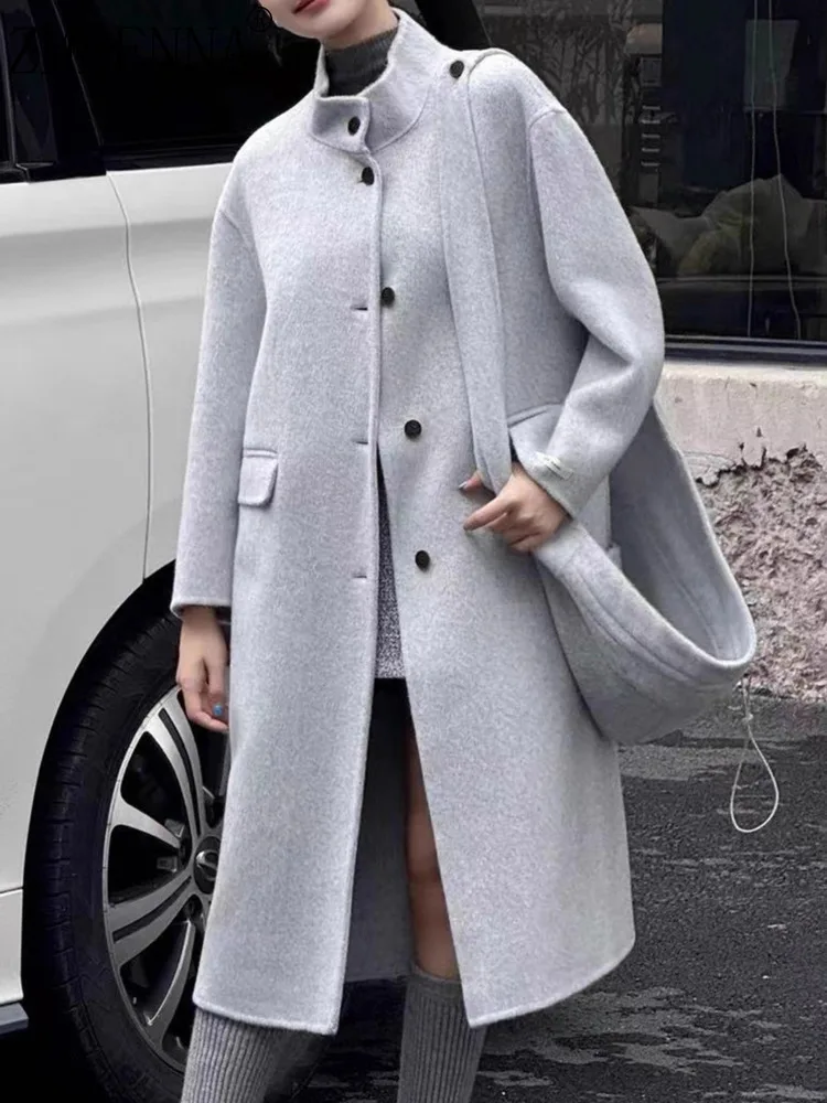 

ZMEENNA женское полушерстяное пальто средней длины с воротником-стойкой, однобортное элегантное теплое зимнее пальто, светло-серое, синее ZM4433