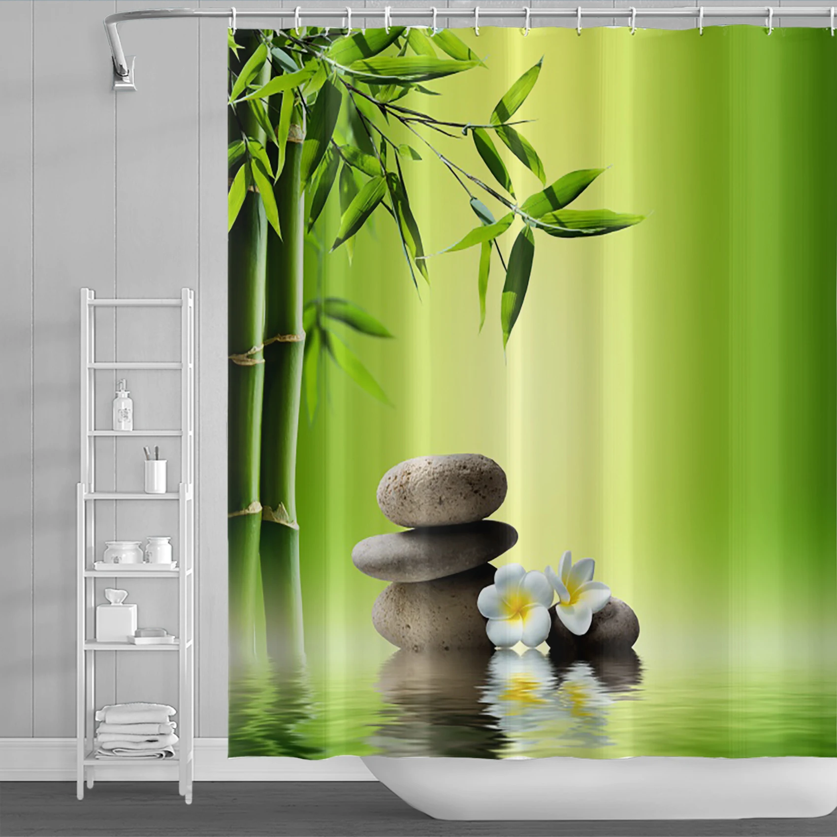 Rural Landscape Shower Curtains Creek Stone Lotus Buddha Bath Curtain Natural Scenery Waterproof Bathroom Home Decor with Hooks