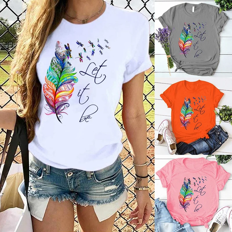 Women's Fashion Printed Feather Let It Be Print T-shirts Summer Casual Loose Round Neck Creative Personalized T-shirts