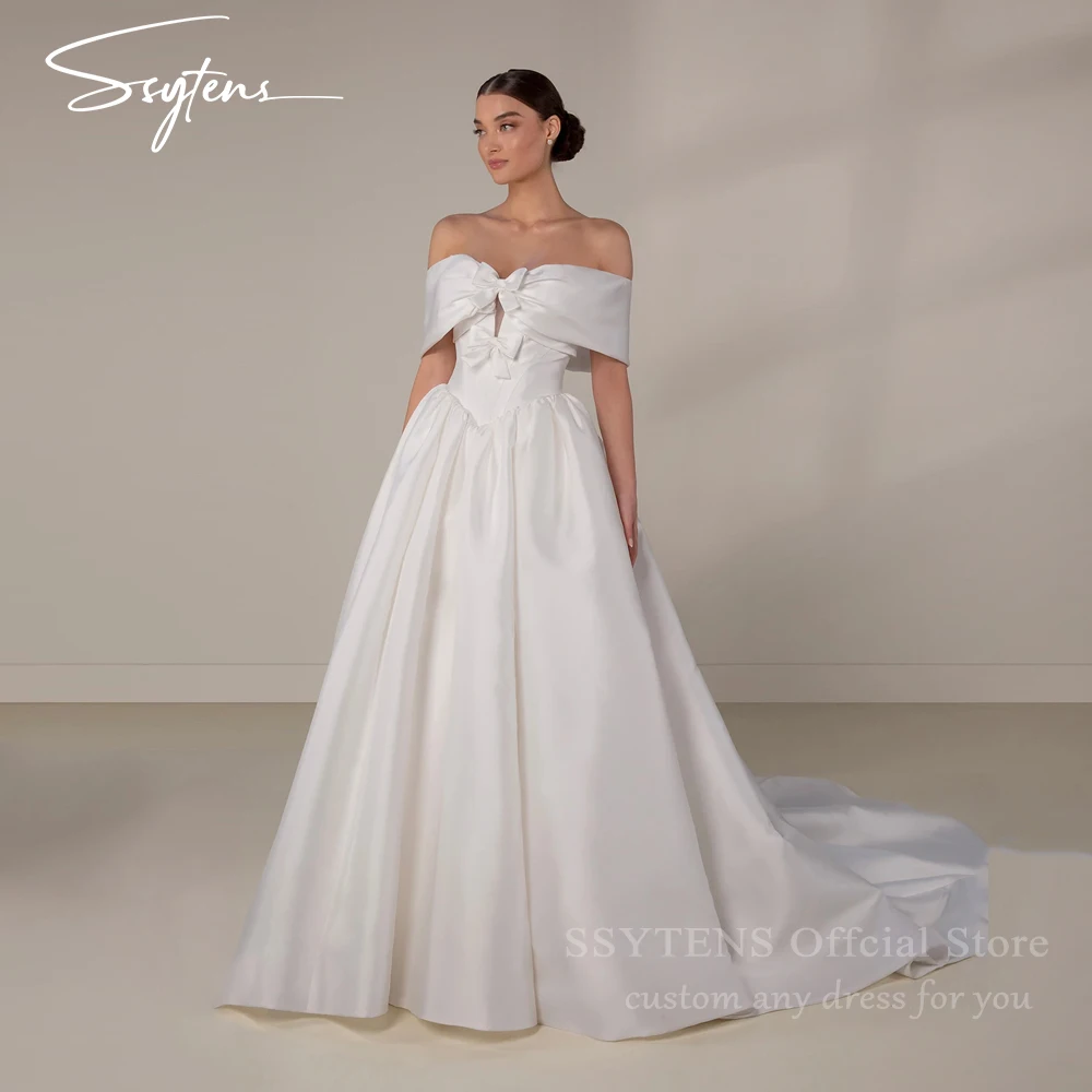 SSYTENS-vestidos de novia de satén suave, línea A, sin mangas, con hombros descubiertos, cola larga, vestidos de fiesta de boda personalizados