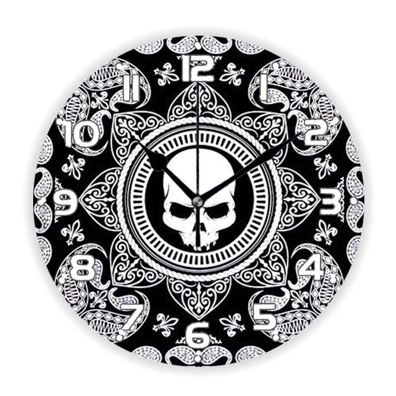 Cool Black Paisley Bandana Pattern with Skull Large Wall Clock Living Room Home Decor Border Ornament Wall Art Watch Gift 30cm