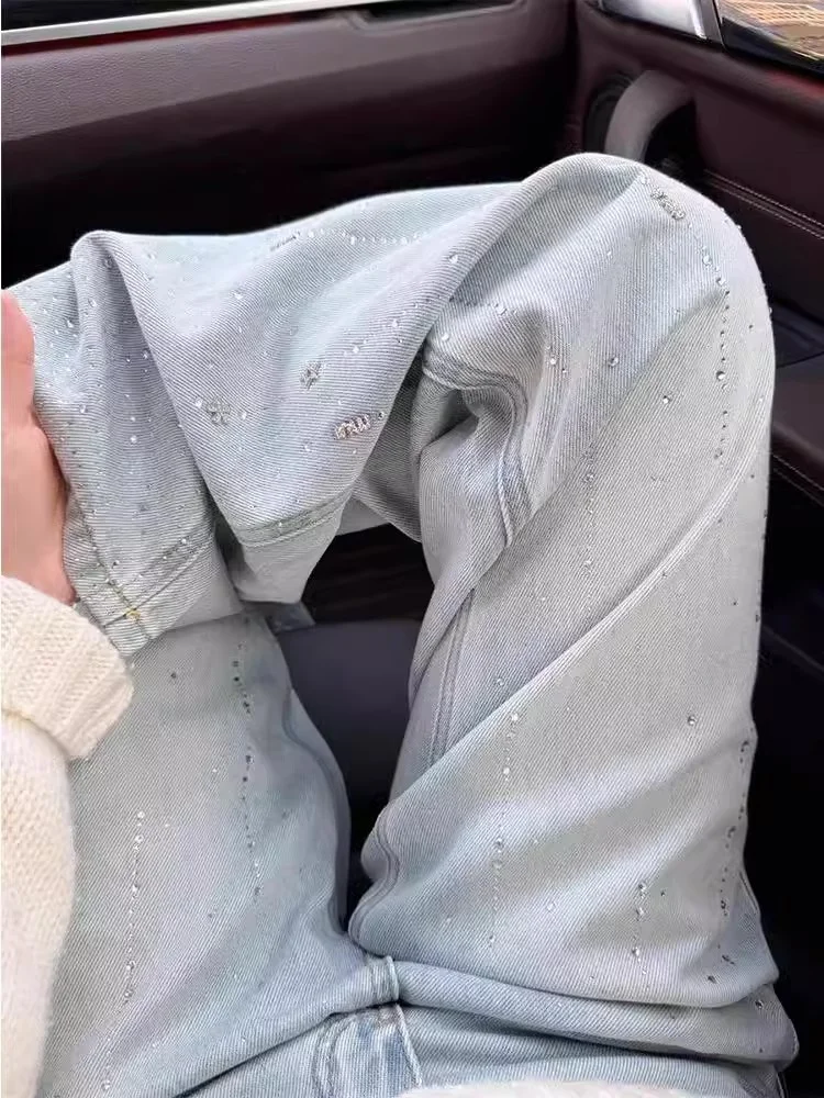 유럽 스타일 라인스톤 청바지 여성 봄 가을 2025 신상 하이웨이스트 슬림핏 마이크로 플레어 팬츠 ins 만능 바지