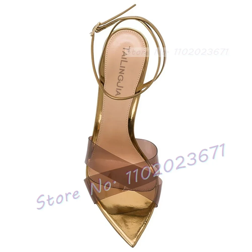 Brown Pvc Strap High Heels Sandals Women Sexy Open Pointy Elegant Gold Shoes Summer Office Lady Chic Transparent Party Shoes