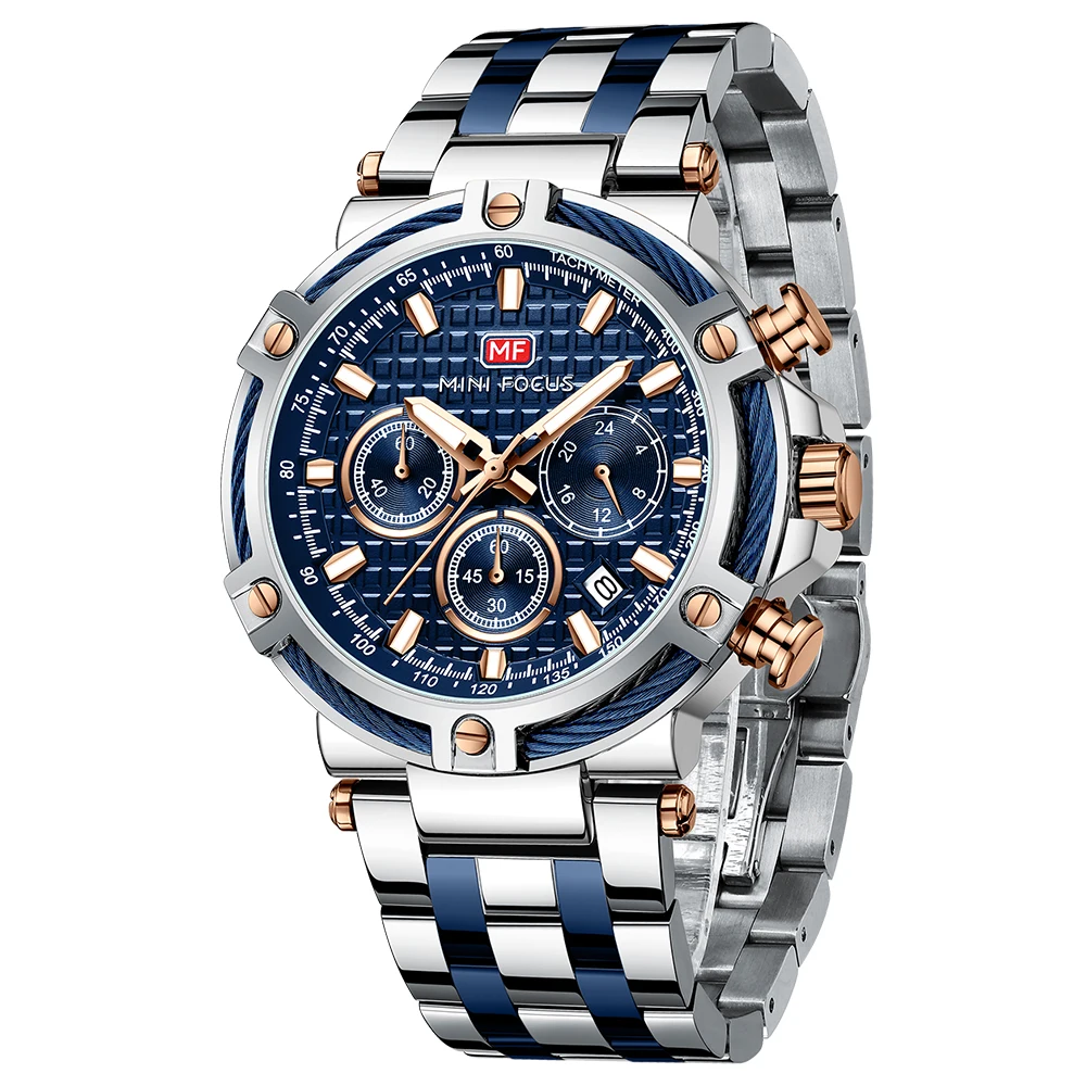 MINI FOCUS Men's Business Quartz Watch Luminous Stainless Steel Strap 30M Water Resistant Fashion Wristwatch