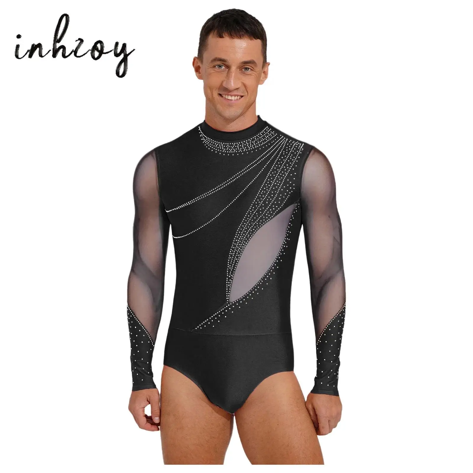 

Men's Latin Dance Figure Skating Bodysuit Glittery Rhinestone Long Sleeve One-piece Leotard Jumpsuit for Gymnastics Ballet Dance