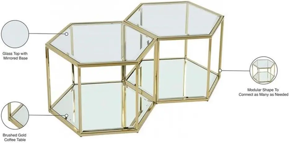 Sei Collection Modern | Contemporary Glass Top/Stainless Steel Modular Coffee Table With Mirrored Base, 2 Piece, Brushed Gold