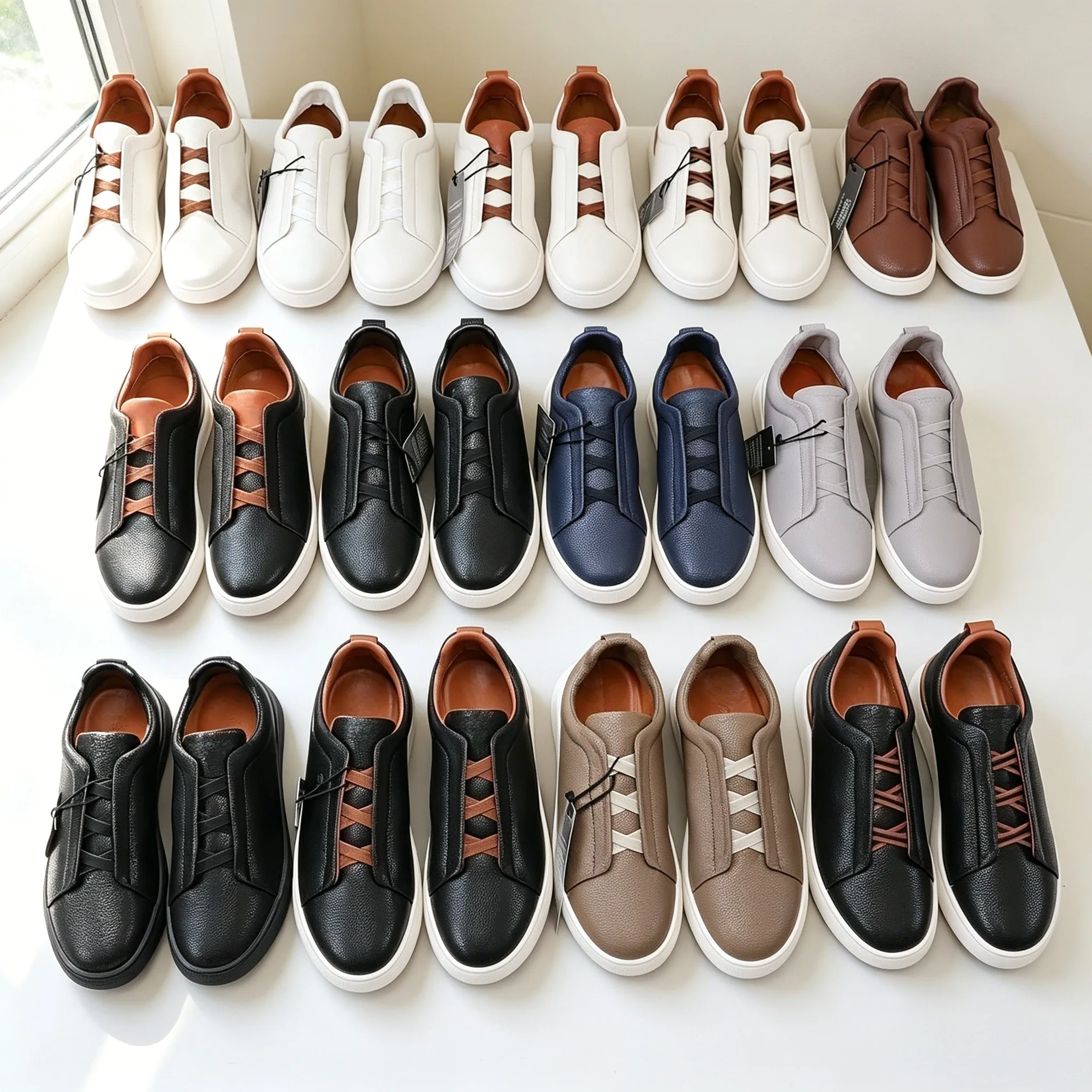 

Men's Soft Genuine Leather Slip On Board Shoes Elastic Cross Laces Business Daily Walking Sneakers