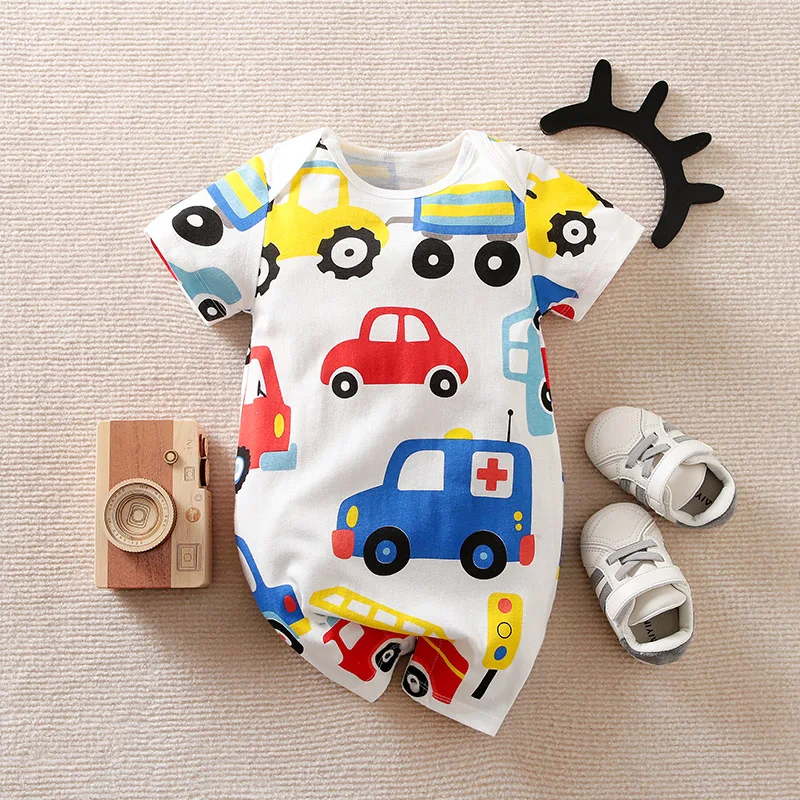 Summer newborn short sleeved jumpsuit printed all over car for boys and girls, summer short sleeved jumpsuit made of pure cotton