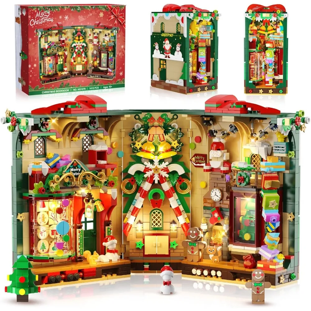 

Christmas Book Nook Building Kit with Illuminated Gingerbread House, Santa, and Xmas Tree
