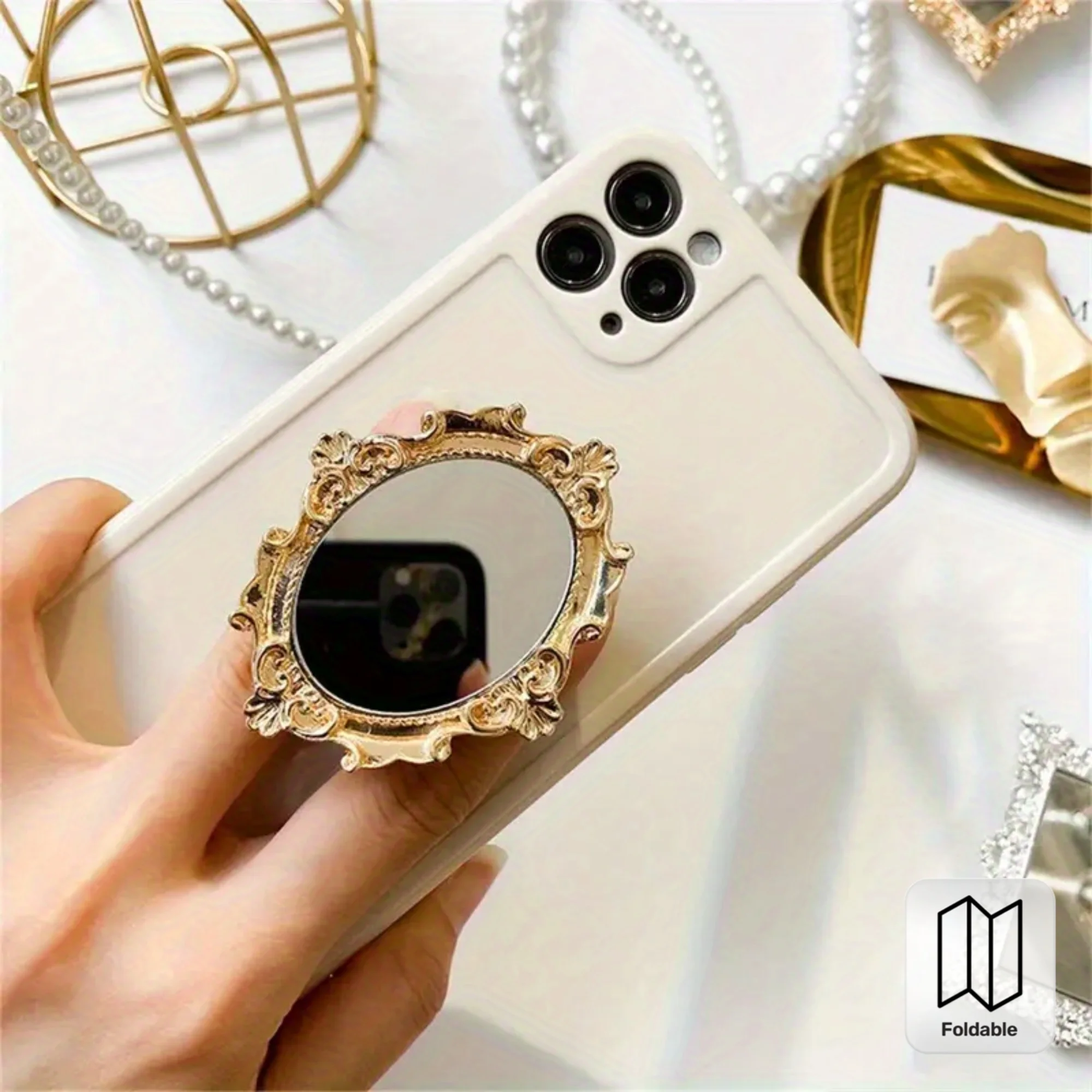 

Retro Pattern Mirror Phone Stand - Foldable Portable Stand with Adhesive, Round Desktop Mirror, Suitable for Smartphones