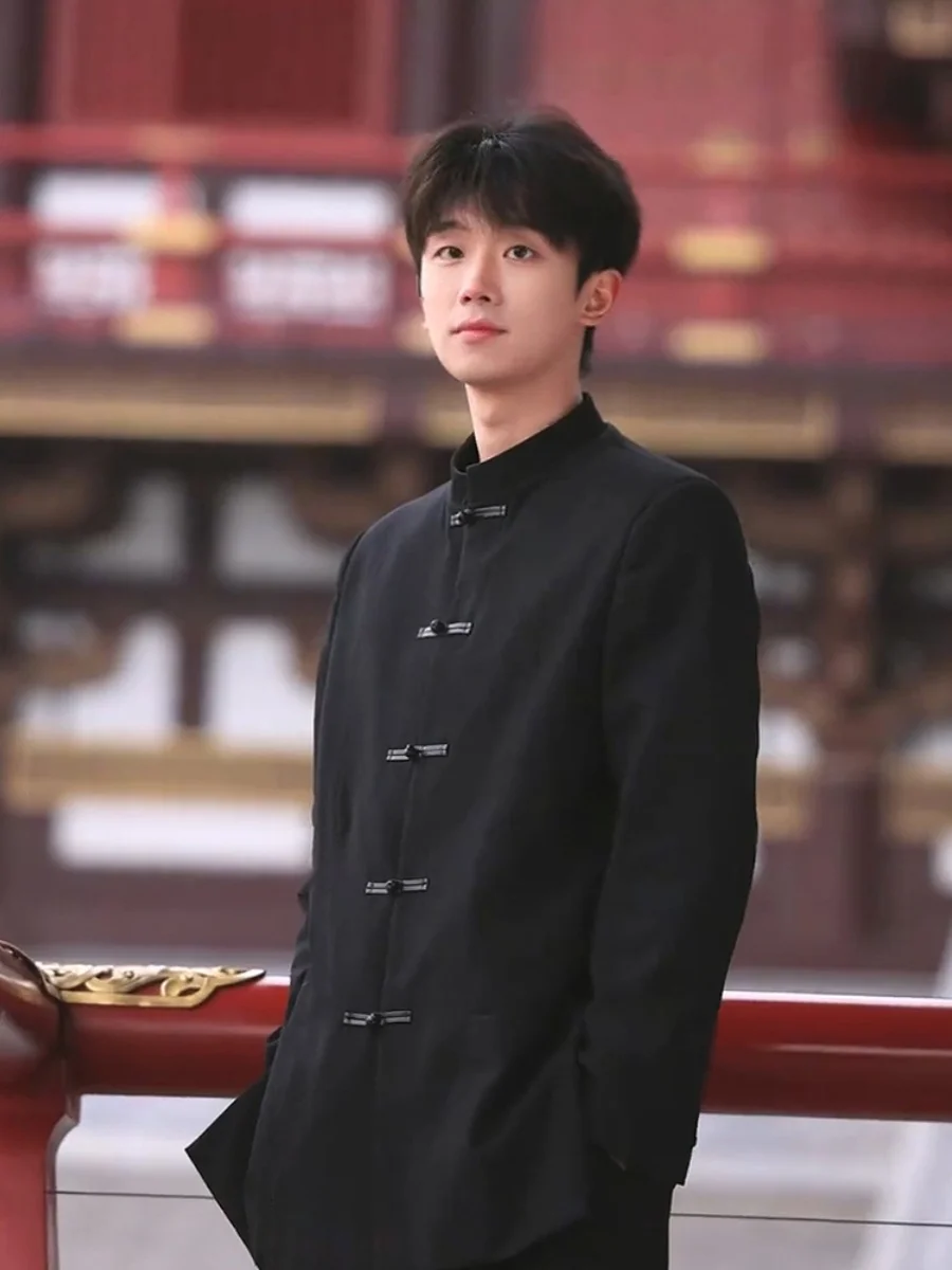 

New Chinese Sle Men's Bla Suit Jaet Stand Collar Wedding Engagement Outerwear Hanfu Tang Costume Traditional Faion