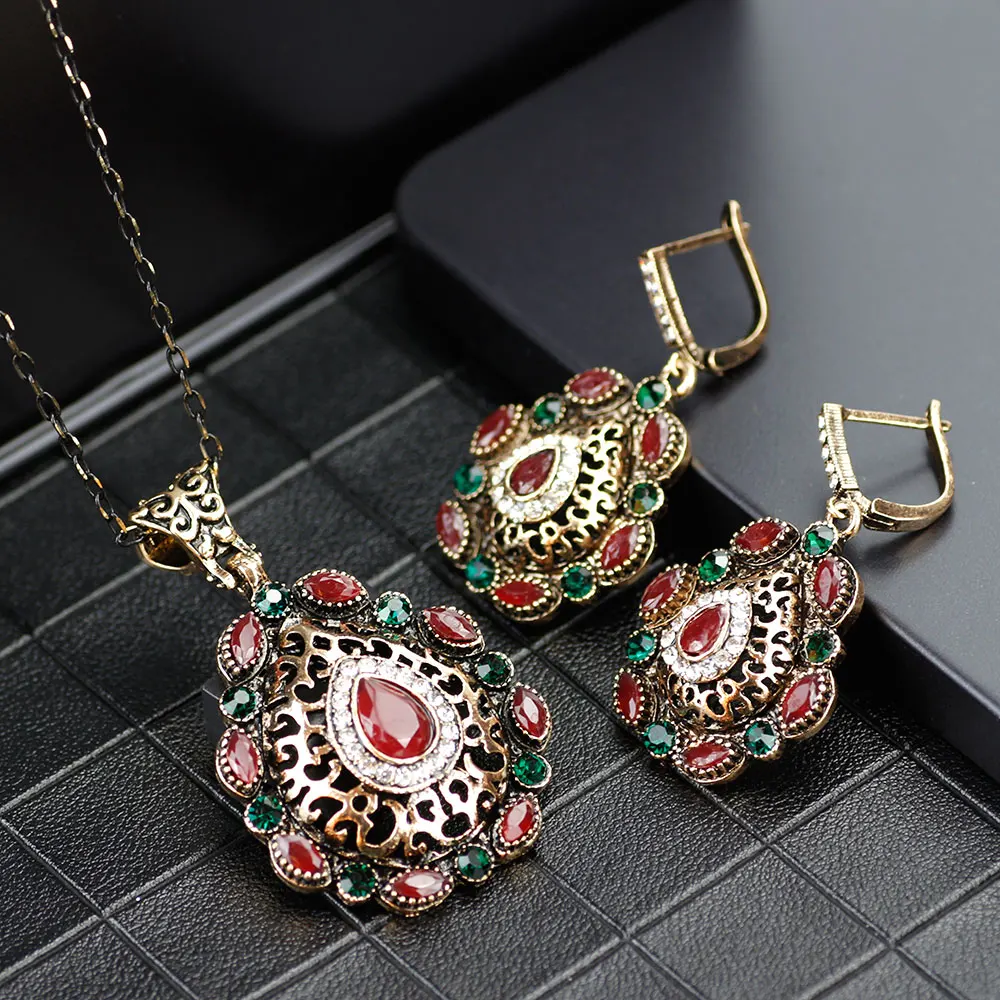 Neovisson Elegent Antique Turkish Bride Jewelry Sets Arabic Earring Necklace Round Crystal Vintage Indian Wedding Jewelry