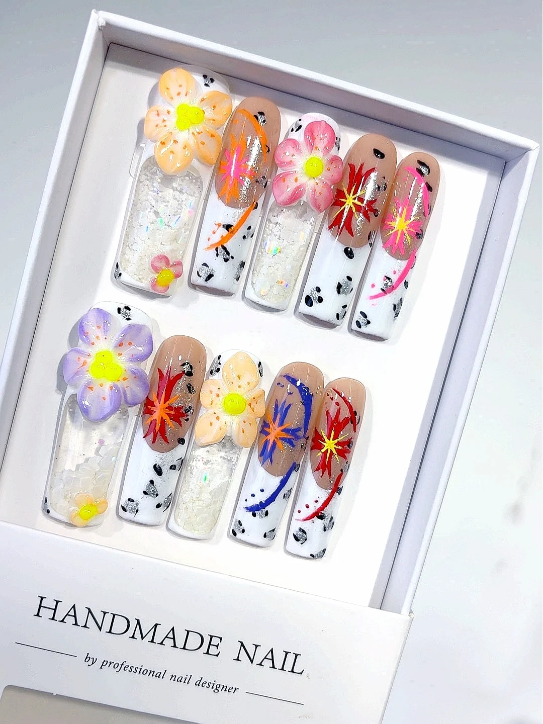 

Colorful 3D Floral Firework Glitter Dalmatian Print Long Square Press on Nails - Handmade Y2K Bling False Nails with Neon（O02）