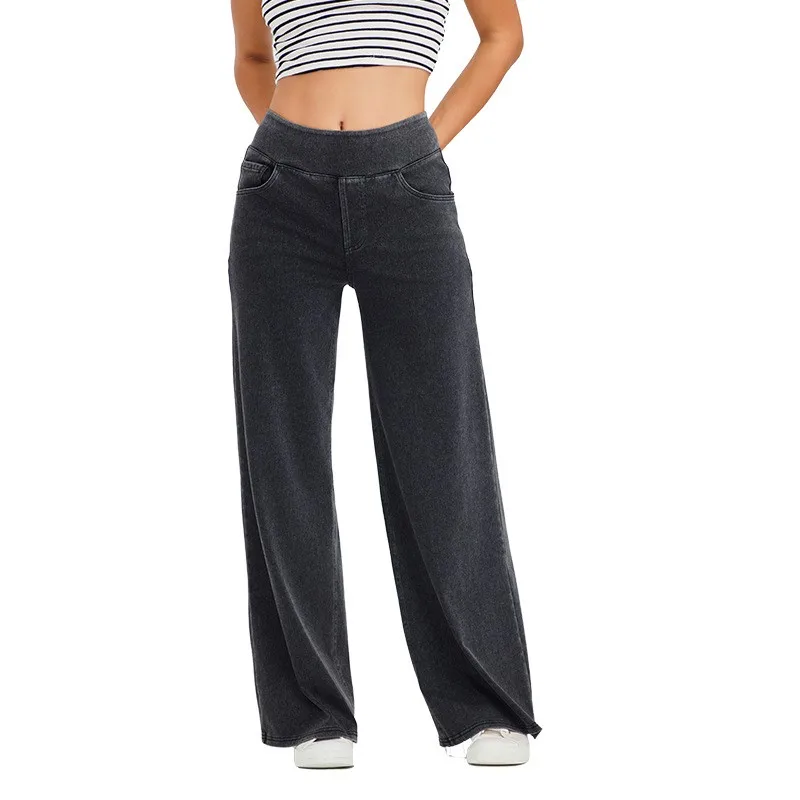 Baggy Jeans Women Flared High Waist Wide Leg Denim Pants Retro Wash Dark Grey Denim Trousers Stretch Medium Blue Jeans Pants