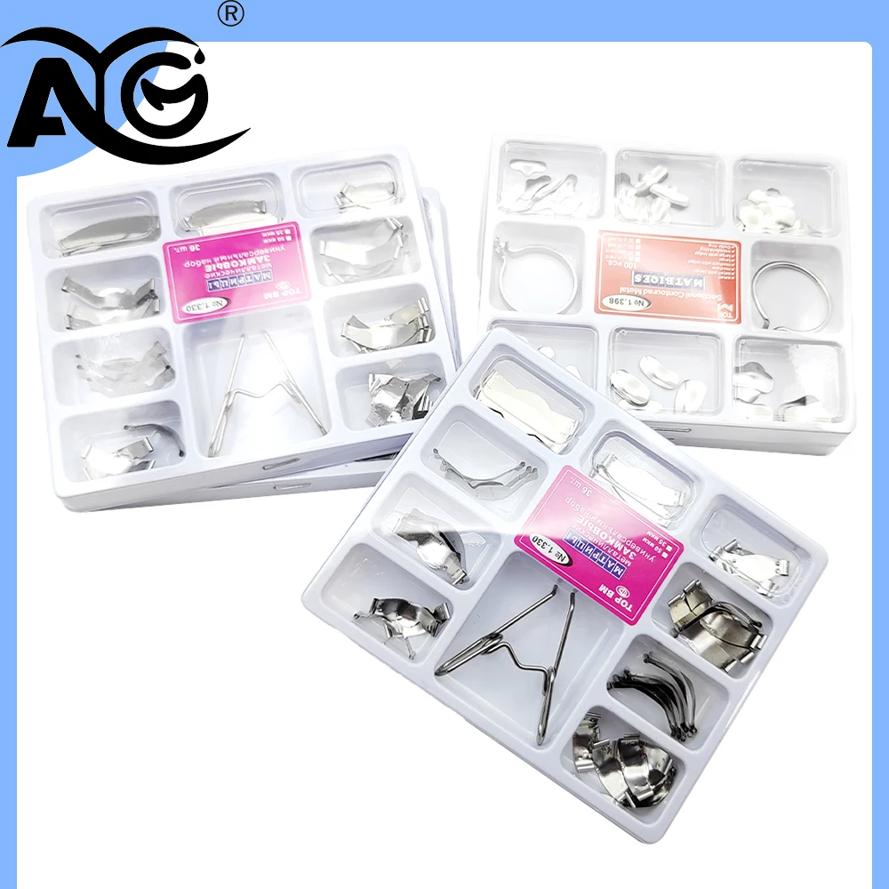 AG Dental Sectional Matrix System 1.398/1.33 Matrices with 2 Metal Clamping Separating Rings 0.035mm Thickness for Dentist Tools