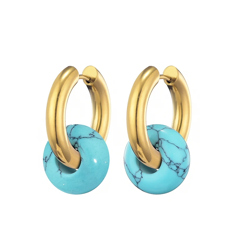 Women's Natural Stone Round Bead Hoop Earrings, Turquoise
