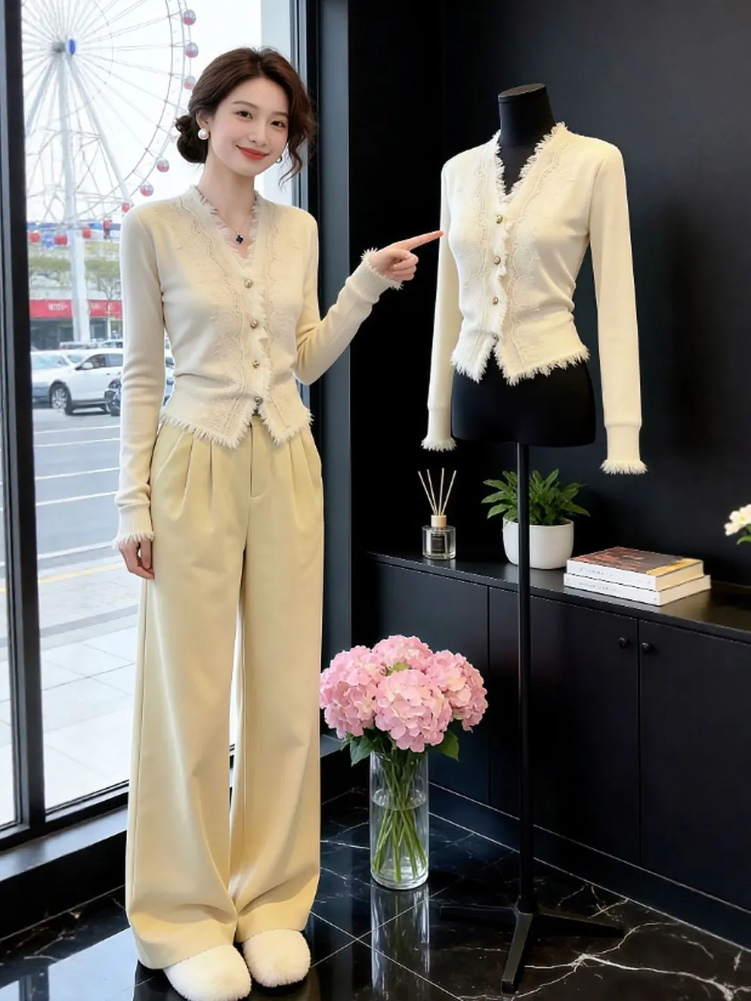 

Slimming V-Ne Sweater Ele Gentle Sle Beautiful Spring Faionable Knitted Top for Small Stature Women