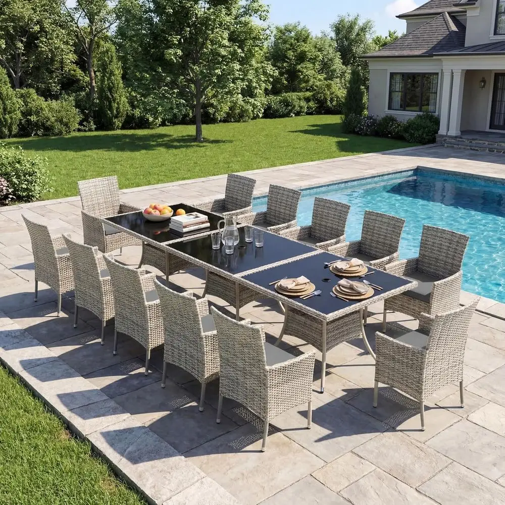 

15-Piece Patio Dining Set, Patio urniture Set with Square Tempered Glass Table & 12 Wicker Chairs, Expandable Design or Larger G