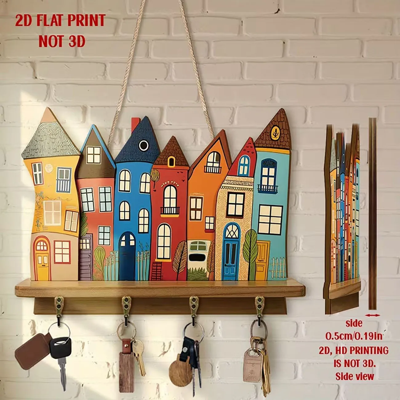Colorful Cartoon Town House Wooden Key Holder Wall Hanging Decor With Four Metal Hooks 2D Flat Print Art