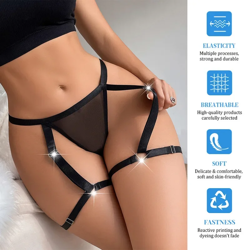 Seamless Thong with Garter Leg Bib Mesh Black Erotic Sexy Panties G String Women String Femme Sexy Panties Women sexy lingerie