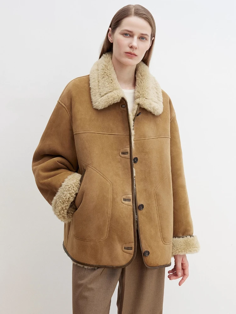 

Высококачественная роскошная зимняя замшевая куртка из мериносового овечьего меха для женщин, простой контрастный дизайн, винтажное пальто из натуральной кожи с натуральным мехом ягненка