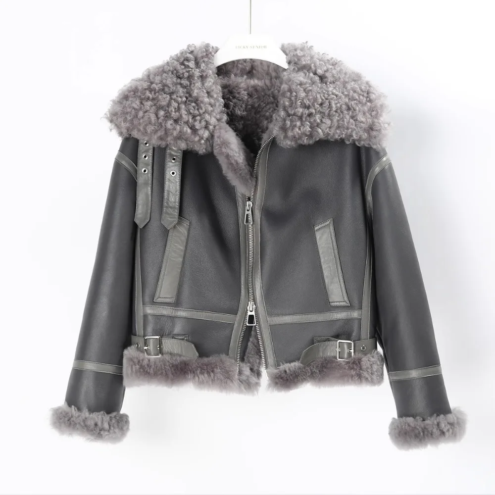 OFTBUY Winter Jacket Women Wholo Leather Bazaar Nature Lamb Real Fur Coat Short Warm Coats Women\'s Motorcycle Leather Jackets