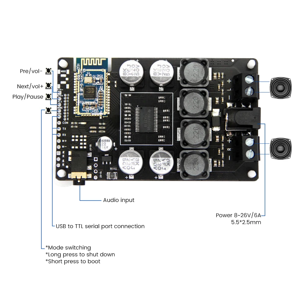 AIYIMA TPA3118 Bluetooth Amplifier Audio Board 2x30W Stereo Amplify Power Amplifier Aux Support Serial Port Change Name Password